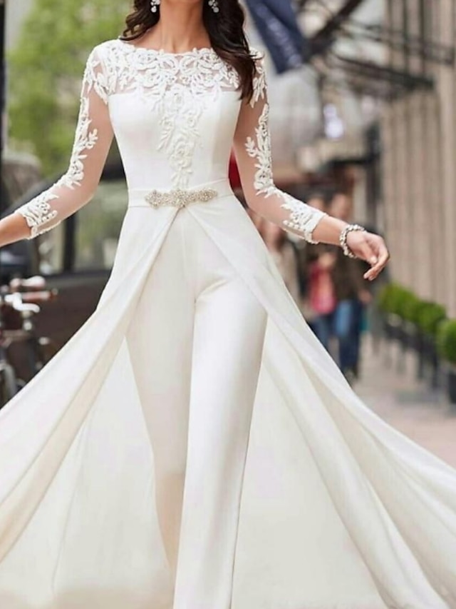  Jumpsuits Wedding Dresses Jewel Neck Court Train Detachable Lace Stretch Fabric Long Sleeve Country Romantic Plus Size with Sashes / Ribbons Crystals Appliques 2022