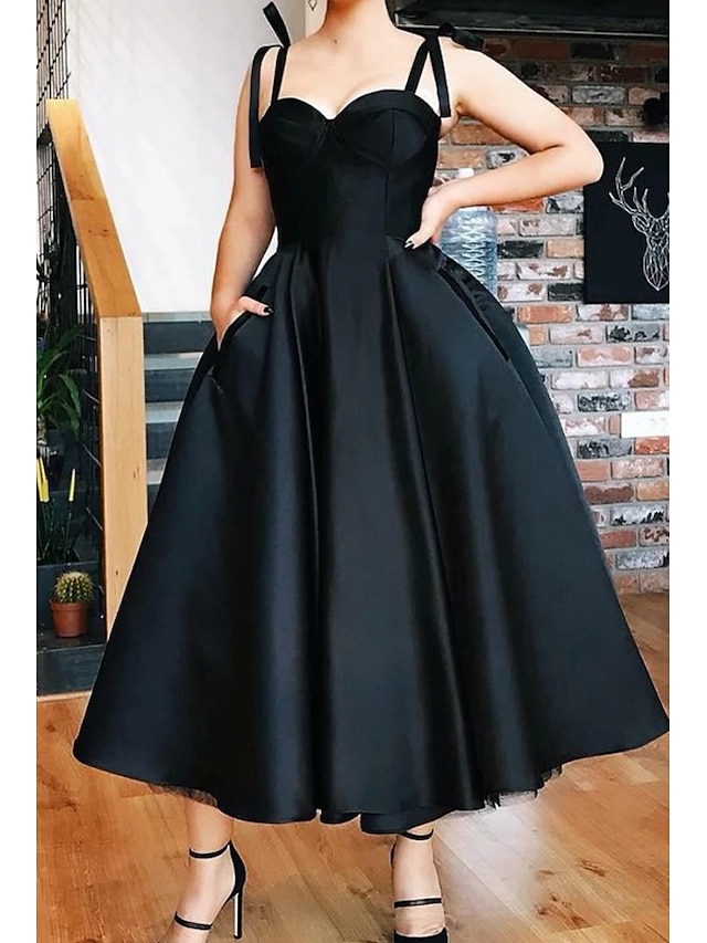  Ball Gown Cocktail Black Dress Vintage Dress Party Wear Prom Tea Length Sleeveless Spaghetti Strap Wednesday Addams Family Satin with Pleats 2024