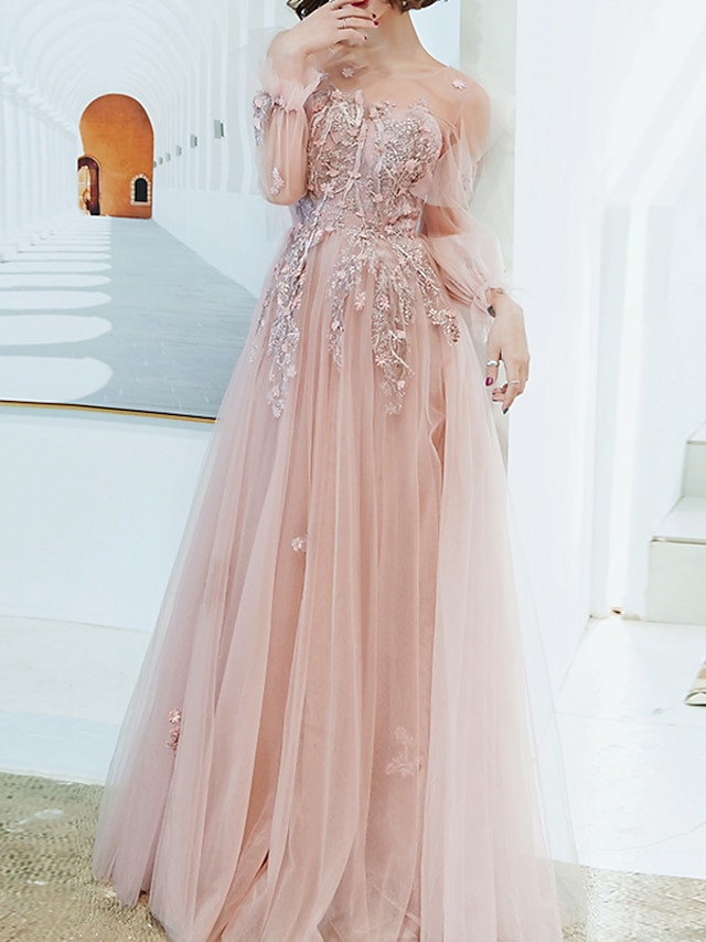  A-Line Prom Dresses Floral Dress Wedding Guest Engagement Floor Length Long Sleeve Illusion Neck Tulle with Appliques 2023