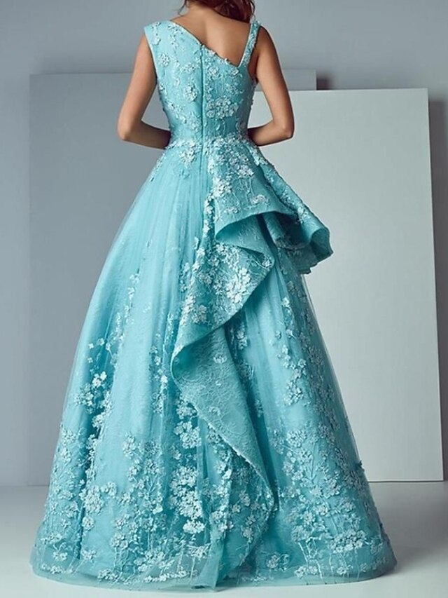 ALine Floral Engagement Prom Dress V Neck Sleeveless Floor Length