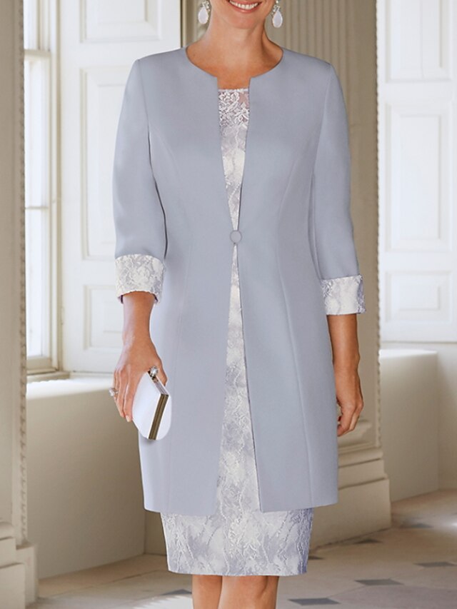 Elegant Lace Sheath Knee Length Midi Mother Of The Bride Dresses With Jacket