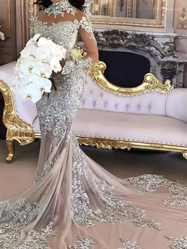  Sparkle & Shine Formal Fall Wedding Dresses Mermaid / Trumpet High Neck Long Sleeve Chapel Train Lace Bridal Gowns With Lace Insert Appliques 2023 Summer Wedding Party, Women‘s Clothing