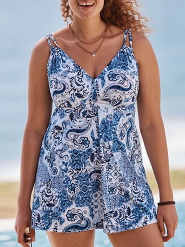  בגדי ריקוד נשים בגדי ים טנקיני 2 חתיכות מידות גדולות בגד ים מותן גבוה רזה פרחוני כחול בהיר בגדי ים גבוה המותניים