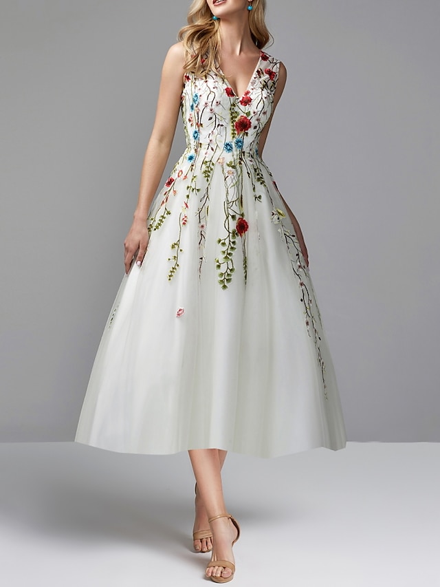  A-Linie Ballkleider Blumen Kleid kleid hochzeitsgast Partykleidung Tee-Länge Ärmellos V Ausschnitt Spitze mit Stickerei Applikationen 2024
