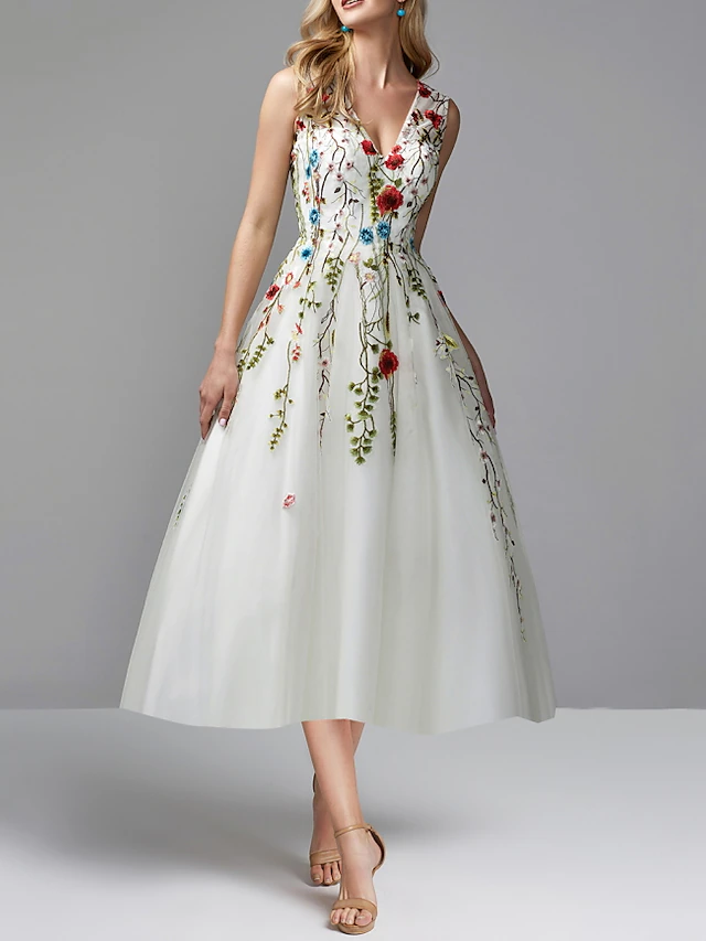 A-Line Prom Dresses Floral Dress Wedding Guest Party Wear Tea Length Sleeveless V Neck Lace with Embroidery Appliques4