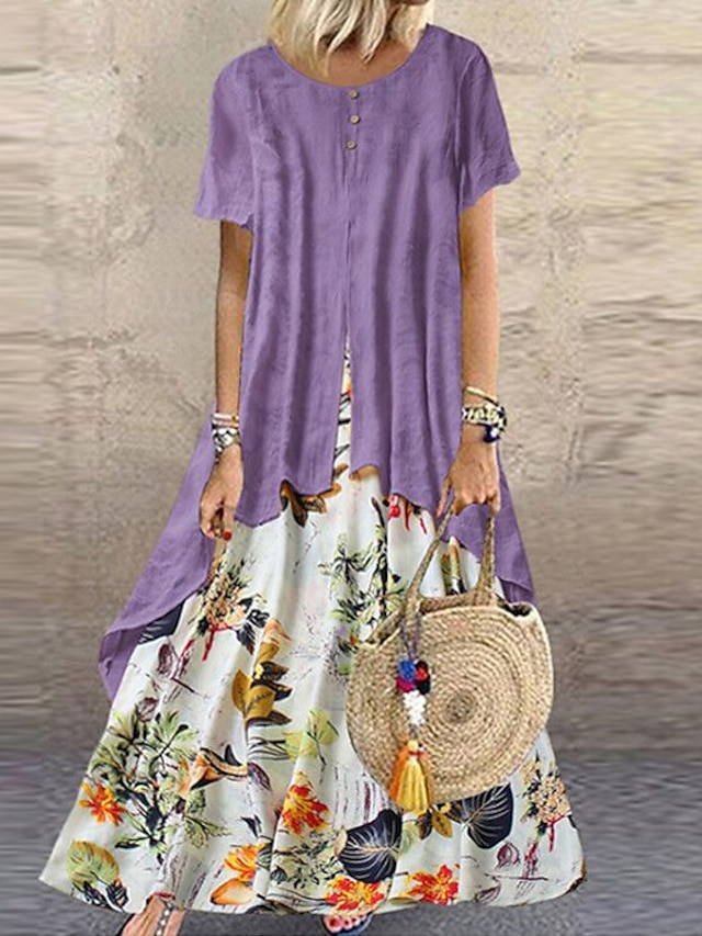  dámské ležérní šaty plátěné šaty swingové šaty dlouhé šaty maxi šaty zelené krátký rukáv květinový patchwork léto jaro crew výstřih móda 2023 5xl