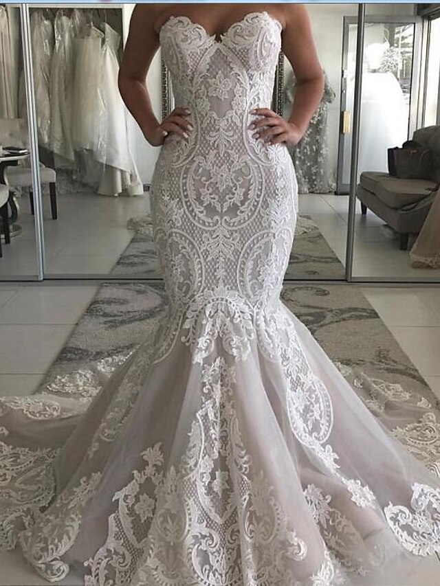 Mermaid / Trumpet Wedding Dresses Sweetheart Neckline Sweep / Brush Train Polyester Strapless Country Plus Size with Embroidery 2021