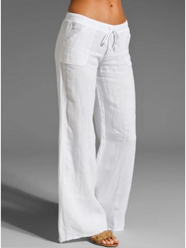  Women's Faux Linen Pants Wide Leg Culottes Cotton Baggy Mid Waist Lightweight Basic Wedding Daily Black White S M Summer Spring Beach Pants