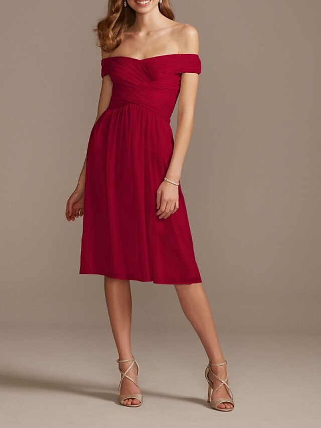  A-Line Off Shoulder Knee Length Chiffon Bridesmaid Dress with Pleats / Draping