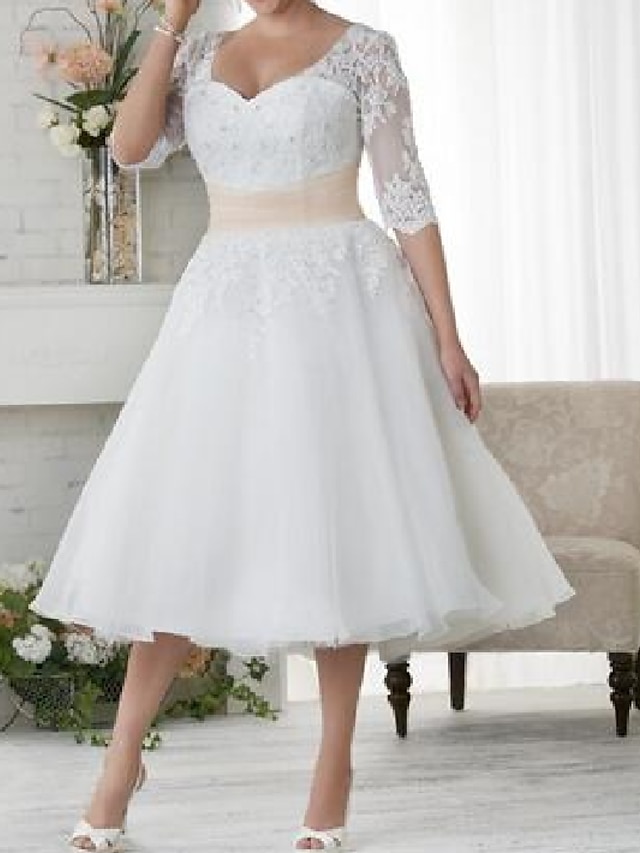  Reception Wedding Dresses A-Line Illusion Neck V Neck Half Sleeve Tea Length Lace Bridal Gowns With Lace Appliques 2024