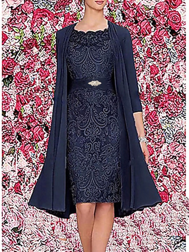  Women's Two Piece Dress Knee Length Dress 3/4 Length Sleeve Floral Jacquard Spring & Summer Hot Elegant 2021 Wine Dark Blue Gray M L XL XXL 3XL