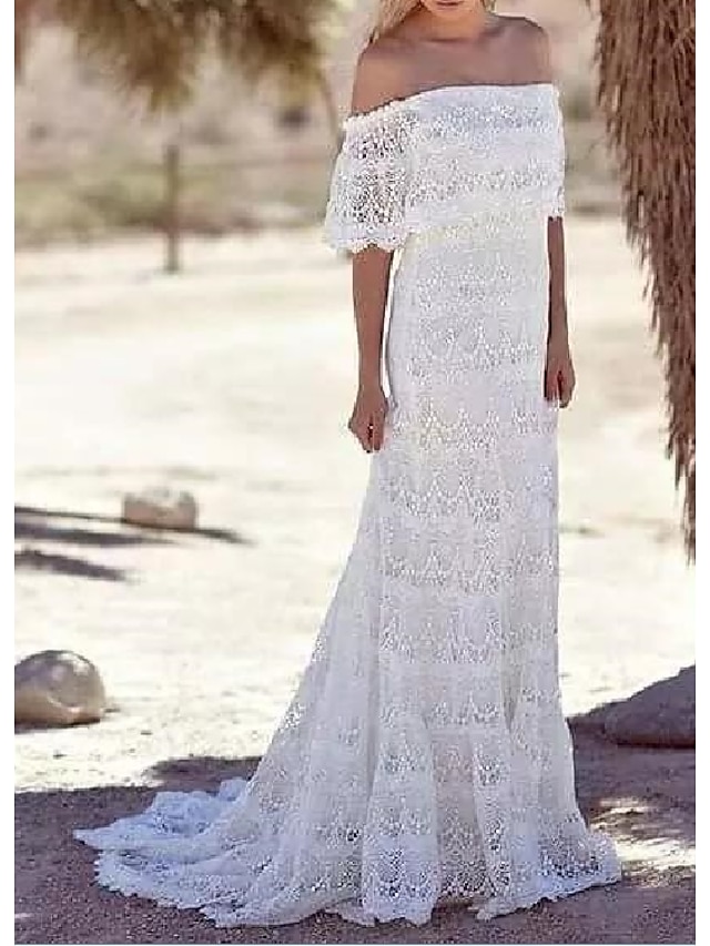 Hall Sheath / Column Wedding Dresses Sweep / Brush Train Boho Romantic Half Sleeve Off Shoulder Lace With Lace 2023 Bridal Gowns