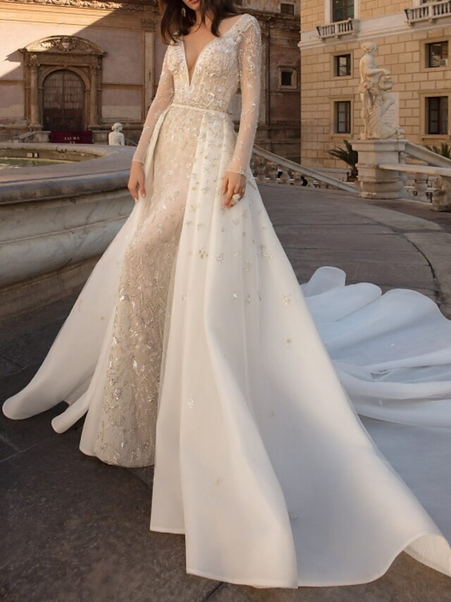  Sheath / Column Wedding Dresses V Neck Watteau Train Tulle Long Sleeve Country Plus Size with Beading Draping Appliques 2021