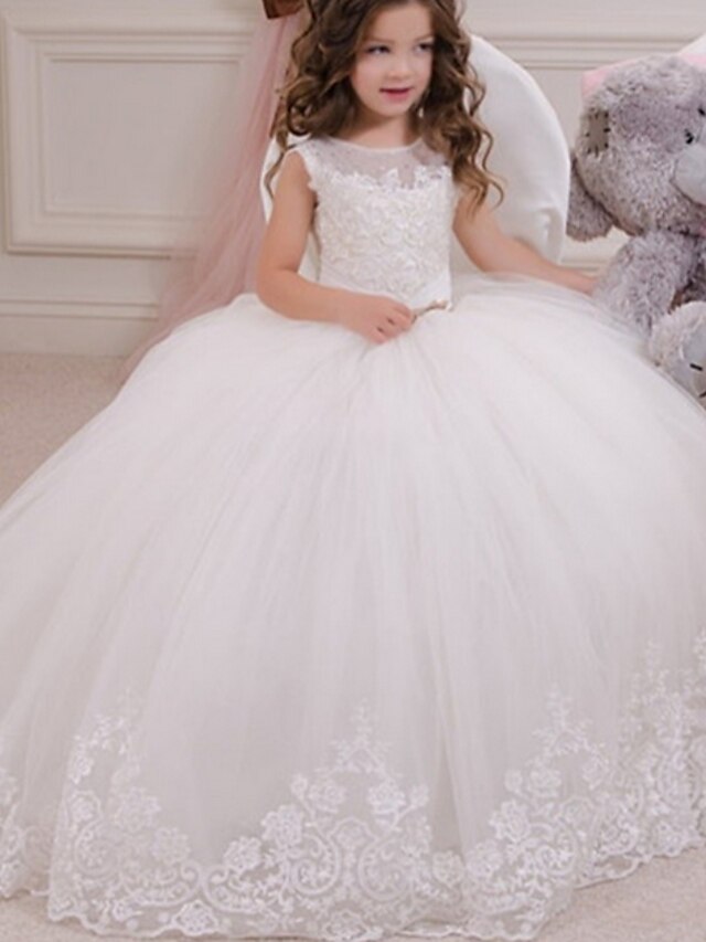  Ball Gown Floor Length Flower Girl Dresses Event / Party Polyester Sleeveless Jewel Neck with Appliques 2022