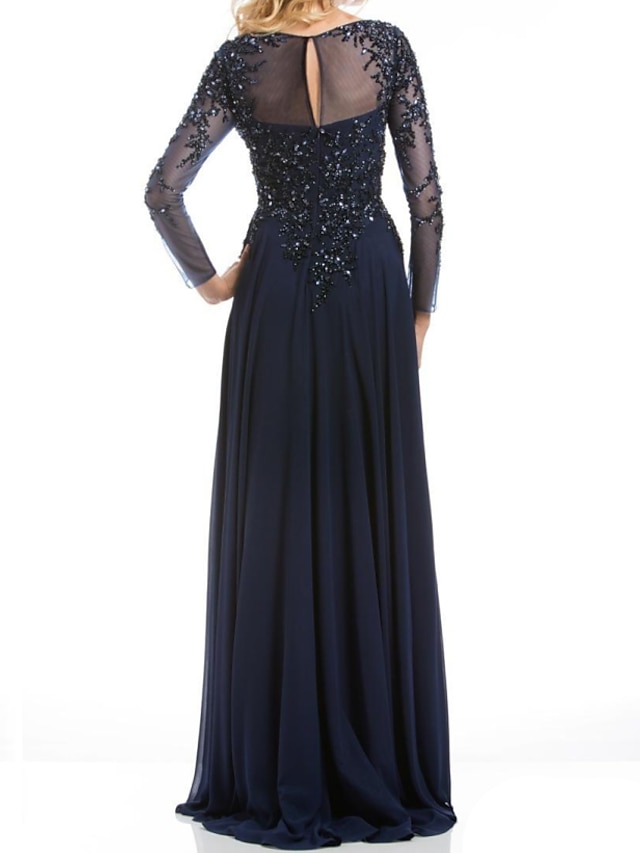 A-Line Mother of the Bride Dress Wedding Guest Elegant See Through Chiffon Lace 3/4 Length Sleeve