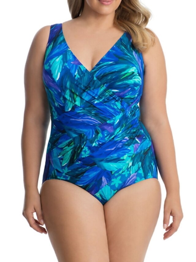  Women's One Piece Swimsuit Floral Blue Plus Size Swimwear Bathing Suits