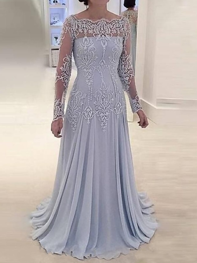 A-Linie Brautmutterkleid kleid hochzeitsgast Elegant Ausgekehlt Pinsel Schleppe Polyester Langarm mit Plissee Applikationen 2024