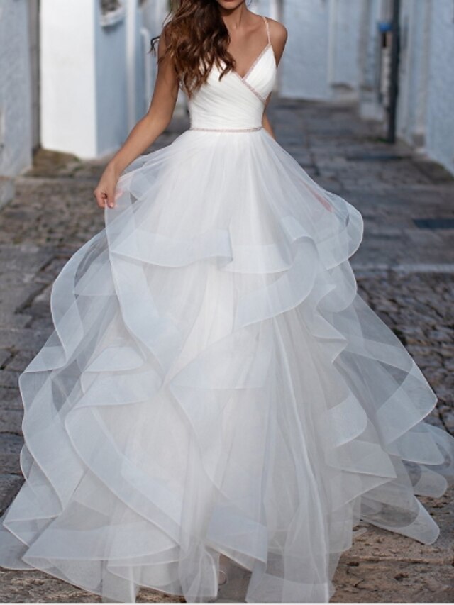 Wedding Dresses Ball Gown Spaghetti Strap V Neck Sleeveless Floor ...