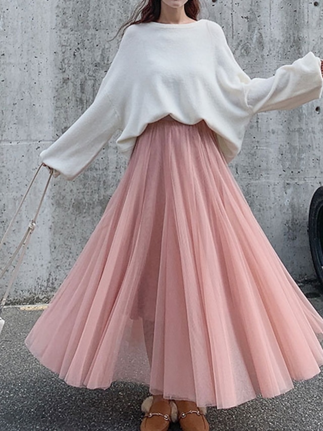  Women's Skirt & Dress Swing Tutu Long Skirt Maxi Skirts Pleated Layered Tulle Solid Colored Street Prom Summer Polyester Elegant Vintage Black Pink Khaki Beige