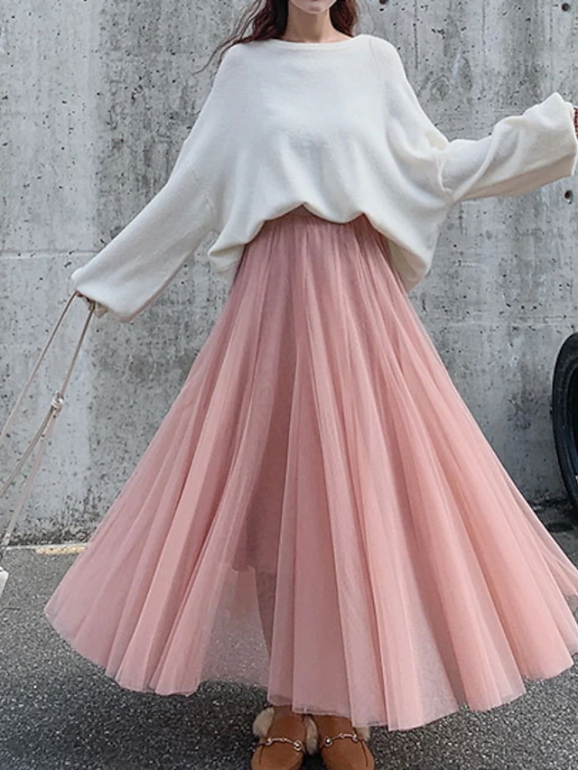 Women's Skirt & Dress Swing Tutu Long Skirt Maxi Skirts Pleated Layered Tulle Solid Colored Street Prom Summer Elegant Vintage Black Pink Khaki Beige 15