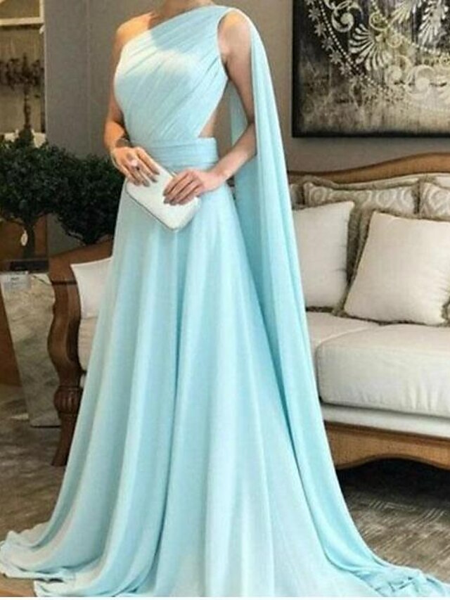  Γραμμή Α Βραδινά φορέματα Κομψό Φόρεμα Φόρεμα πάρτι Ουρά Αμάνικο Ένας Ώμος Σιφόν με Πιασίματα 2023