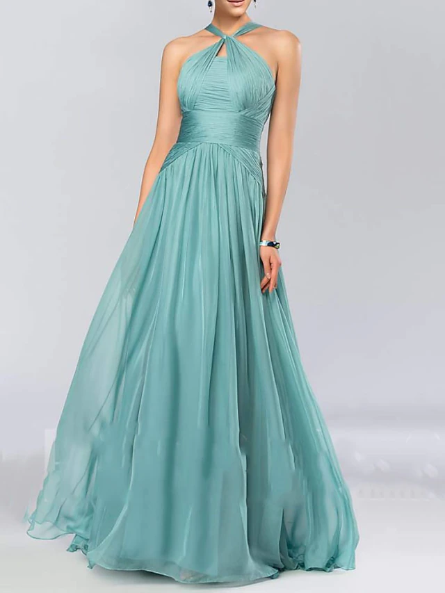 A-Line Bridesmaid Dress Halter Neck Sleeveless Elegant Floor Length Chiffon with Pleats / Draping 2022 5