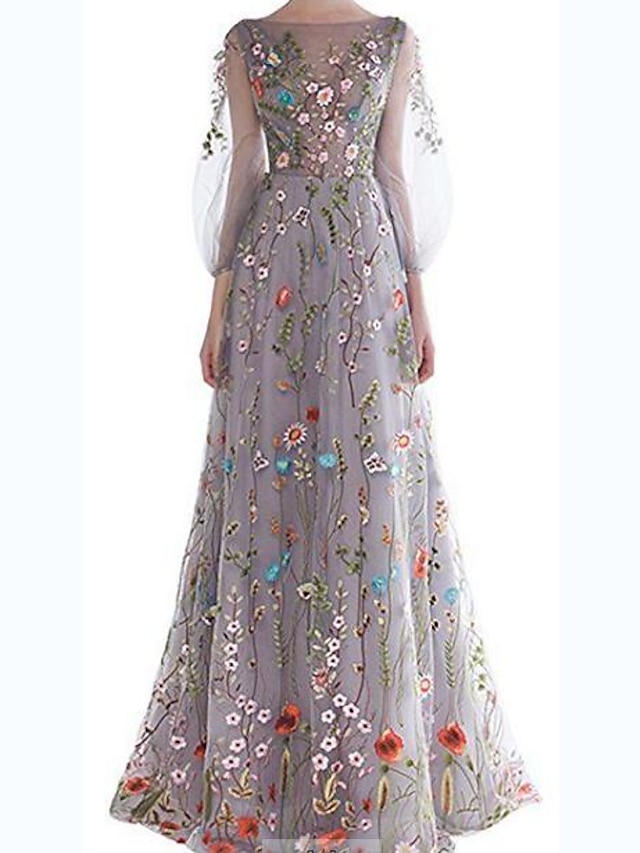  Γραμμή Α Φορέματα χορού Λουλουδάτο Φόρεμα Ημέρα του Αγίου Βαλεντίνου Επισκέπτης γάμου Μακρύ 3/4 Μήκος Μανικιού Χαμόγελο Τούλι με Κέντημα 2024