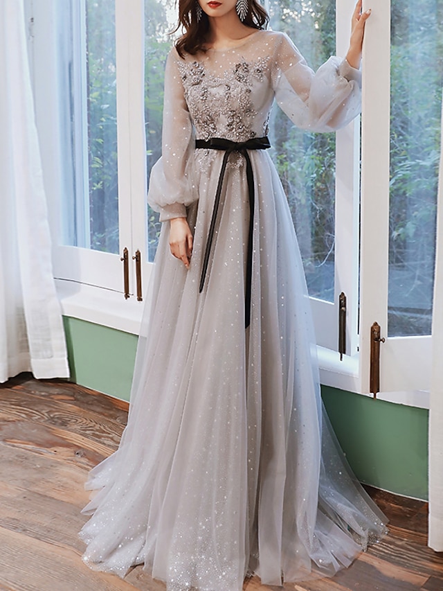  A-Line Prom Dresses Floral Dress Wedding Guest Engagement Sweep / Brush Train Long Sleeve Jewel Neck Tulle with Appliques 2024