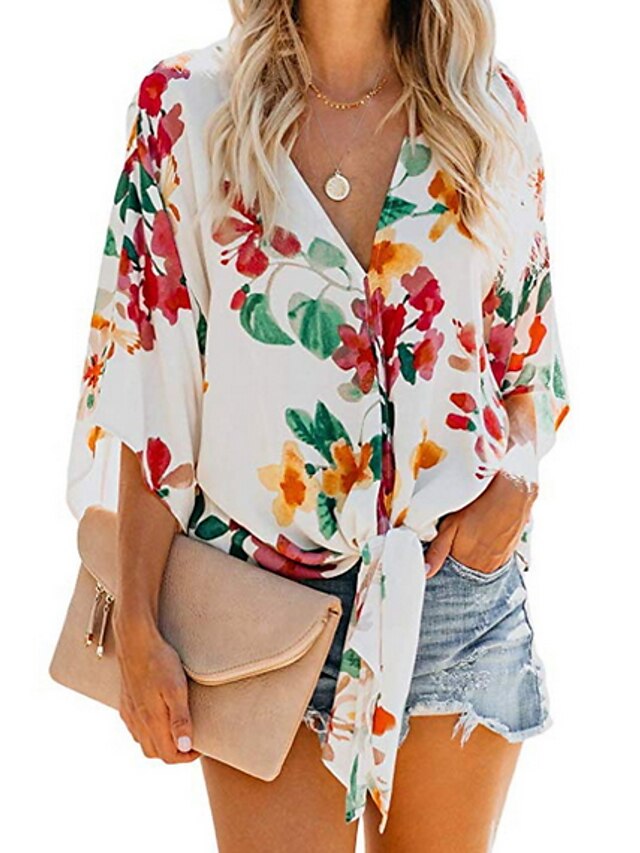  Women's Shirt Floral Pattern Knotted Print Long Sleeve Daily Tops White Yellow Orange