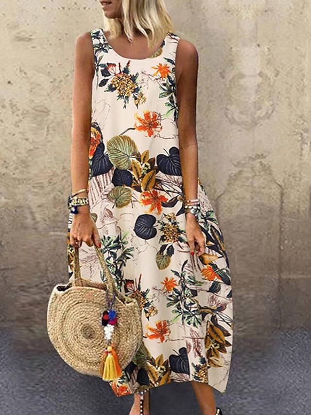 Womens Clothing Womens Dresses | Womens Loose Maxi long Dress Yellow Red Navy Blue Sleeveless Floral Leaf Print Summer Round Nec