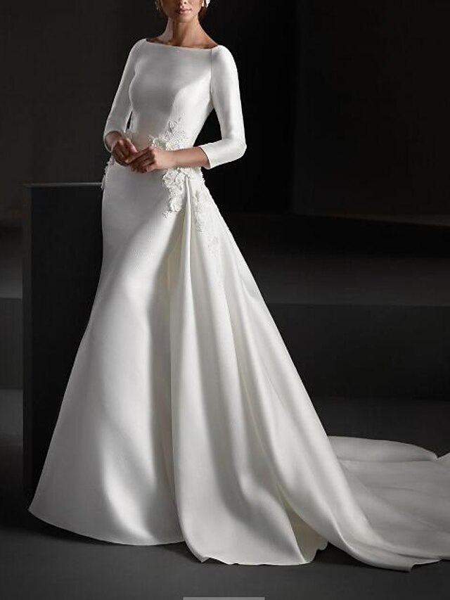 Engagement Formal Wedding Dresses A-Line Jewel Neck Long Sleeve Sweep ...