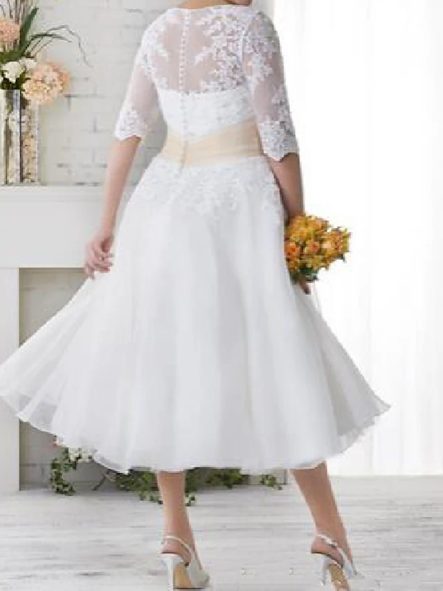 Reception Fall Wedding Dresses A-Line Illusion Neck V Neck Half Sleeve ...