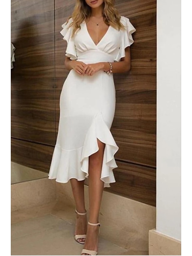  Sheath / Column White Sexy Homecoming Cocktail Party Dress V Neck Short Sleeve Asymmetrical Polyester with Ruffles 2022