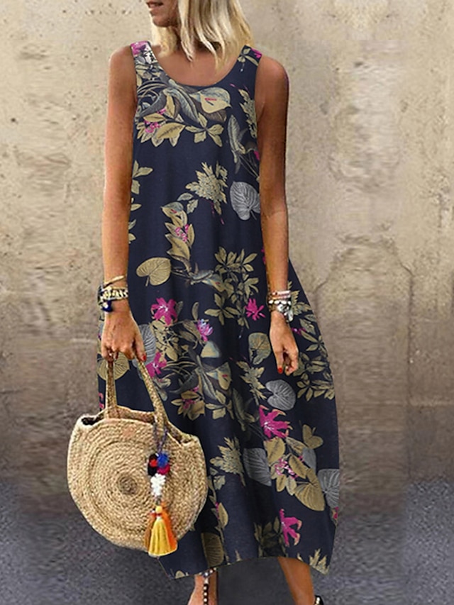 Womens Clothing Womens Dresses | Womens Loose Maxi long Dress Yellow Red Navy Blue Sleeveless Floral Leaf Print Summer Round Nec