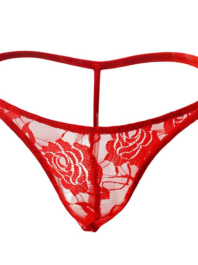  Men's 1 Piece Lace G-string Underwear - Normal Low Waist White Black Red One-Size
