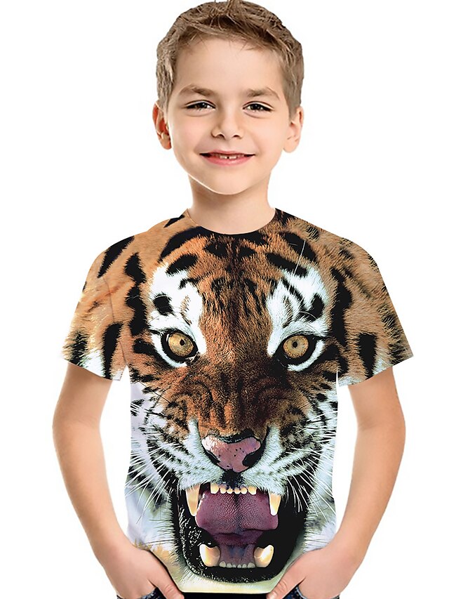  Kids Toddler Boys' Tee Short Sleeve Tiger Fantastic Beasts Color Block 3D Animal Print Brown Children Tops Active Basic Children's Day