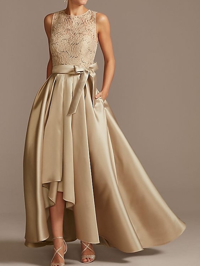  A-Line Mother of the Bride Dress Wedding Guest Elegant High Low Jewel Neck Asymmetrical Satin Lace Sleeveless with Bow(s) Pleats 2024