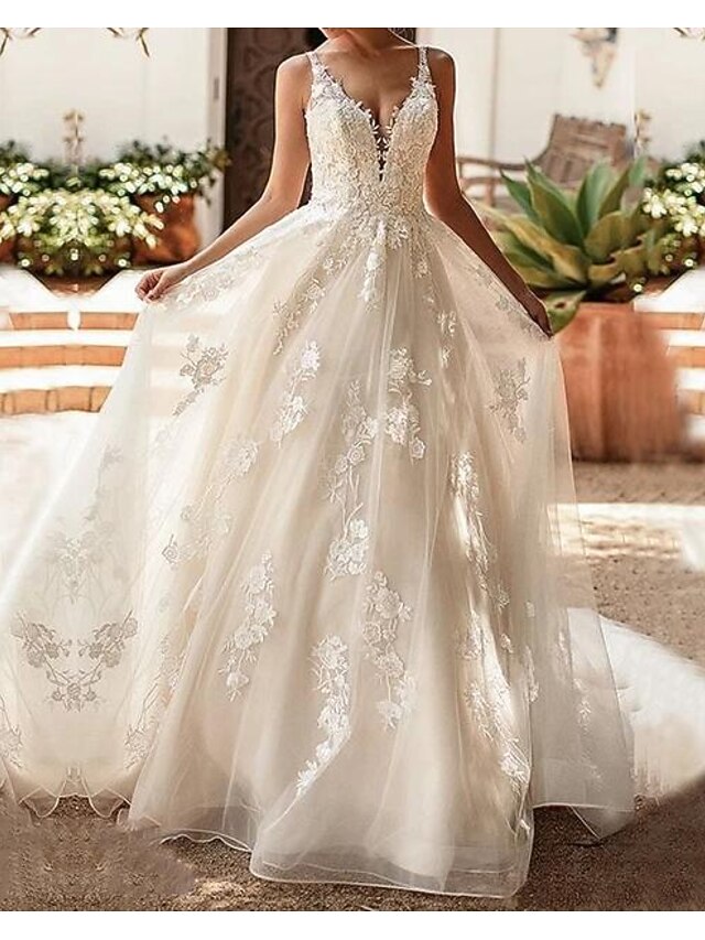 当日配達 ａライン ウェディングドレス ｖネック キャミソール スイープ ブラシトレーン レース チュール ノースリーブ 田舎風 セクシー と 刺繍 22 楽ギフ 包装 Puskeu Polri Go Id