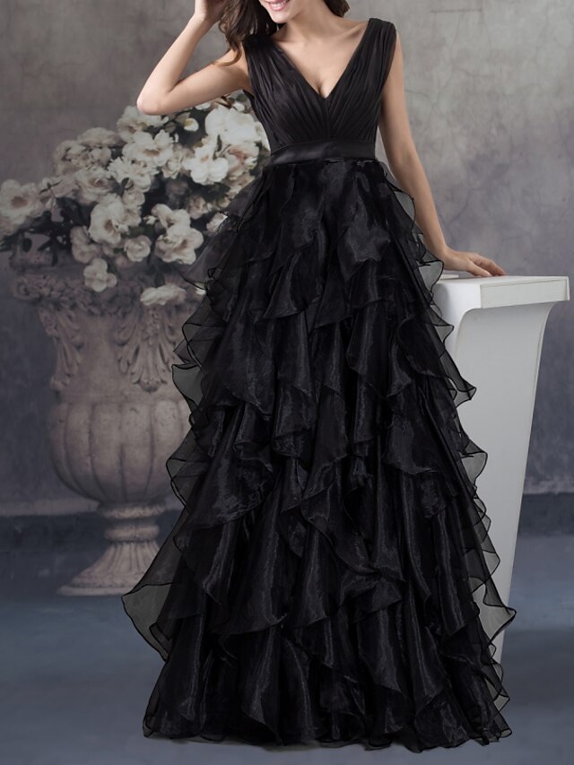  A-Line Prom Dresses Empire Dress Party Wear Prom Floor Length Sleeveless V Neck Organza with Tiered 2024
