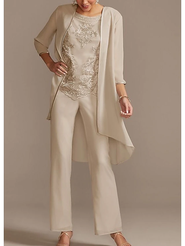Pantsuit Mother of the Bride Formal Wedding Guest Elegant Jewel Neck Floor Length Chiffon Lace 3/4 Length Sleeve with Beading Appliques 6