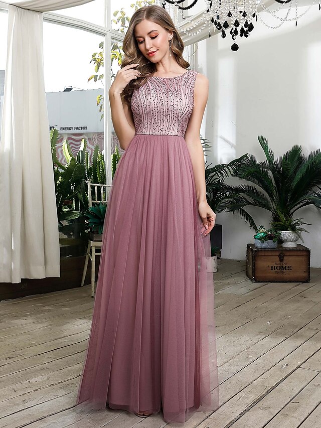  A-Line Beautiful Back Wedding Guest Prom Dress Jewel Neck Sleeveless Floor Length Tulle with Sequin 2021