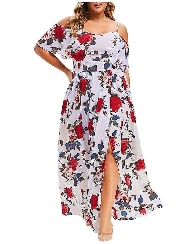  Women's Strap Dress Midi Dress White Black Beige Short Sleeve Rose Floral Split Zipper Patchwork Summer Elegant Boho Butterfly Sleeve 2021 XL XXL 3XL 4XL 5XL / Plus Size