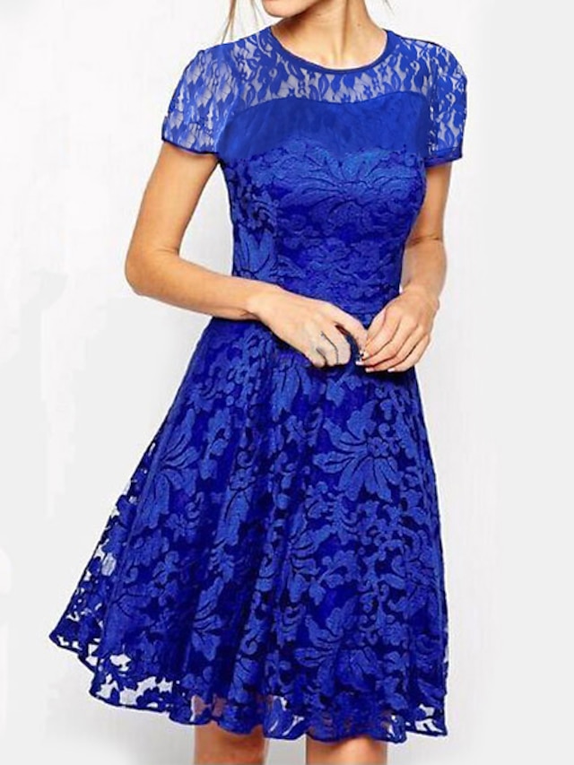  Women's A-Line Dress Knee Length Dress - Short Sleeve Solid Colored Floral Lace Plus Size Elegant White Black Blue Red S M L XL XXL 3XL 4XL 5XL