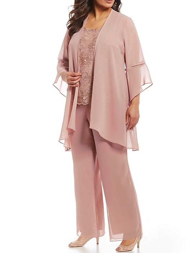  Two Piece Jumpsuit / Pantsuit Mother of the Bride Dress Formal Wedding Guest Church Elegant Plus Size Jewel Neck Floor Length Chiffon Lace 3/4 Length Sleeve with Appliques 2024
