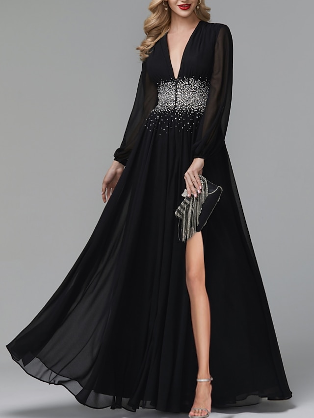  A-Line Evening Gown Luxurious Dress Party Wear Formal Evening Floor Length Long Sleeve V Neck Tulle with Pleats Sequin Slit 2024