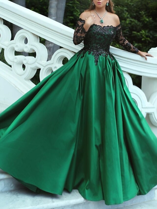  Ball Gown Prom Dresses Luxurious Dress Quinceanera Prom Sweep / Brush Train Off Shoulder Long Sleeve Stretch Satin with Pleats Appliques 2022