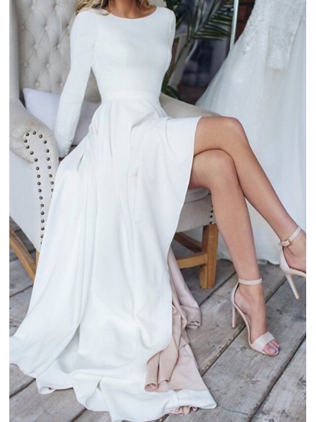 Long Sleeve A-Line Jewel Neck Sweep Brush Train Lace Satin Wedding Dresses with Pockets
