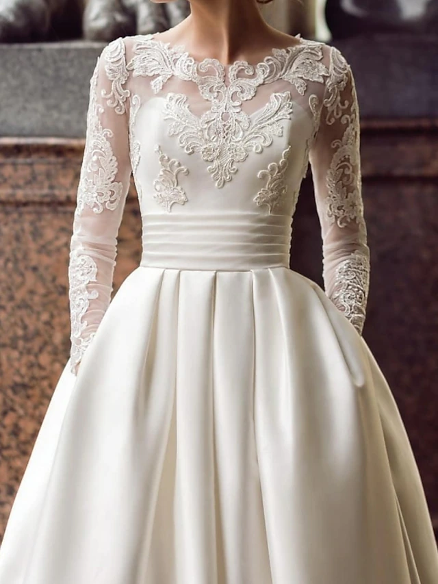 Engagement Vintage Formal Wedding Dresses Ball Gown Illusion Neck Long Sleeve Court Train Satin Bridal Gowns With Appliques Pocket4