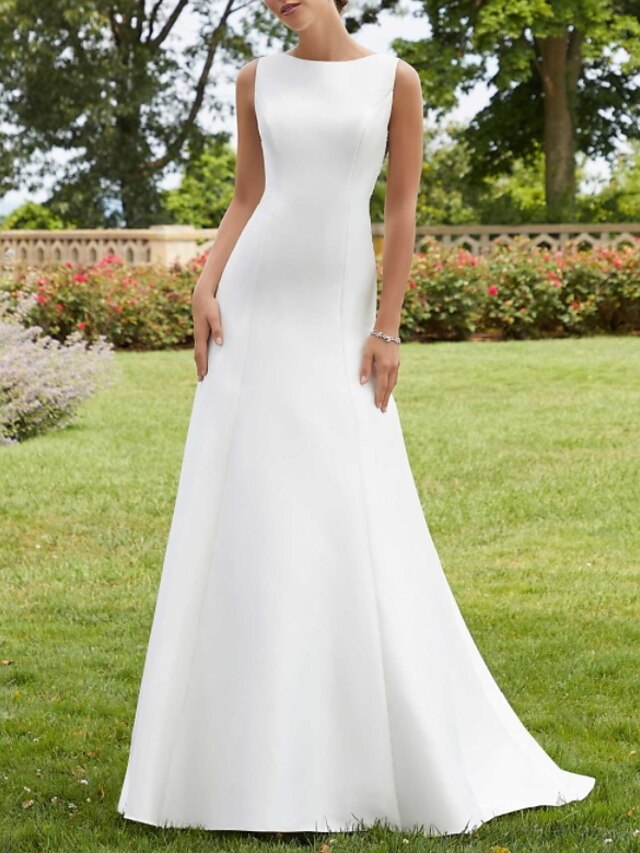  A-Line Wedding Dresses Jewel Neck Court Train Lace Satin Sleeveless Simple Sexy with 2021