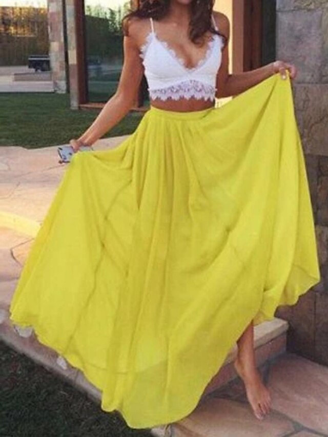  Two Piece Prom Dresses Color Block Dress Holiday Floor Length Sleeveless Spaghetti Strap Chiffon with Pleats 2022